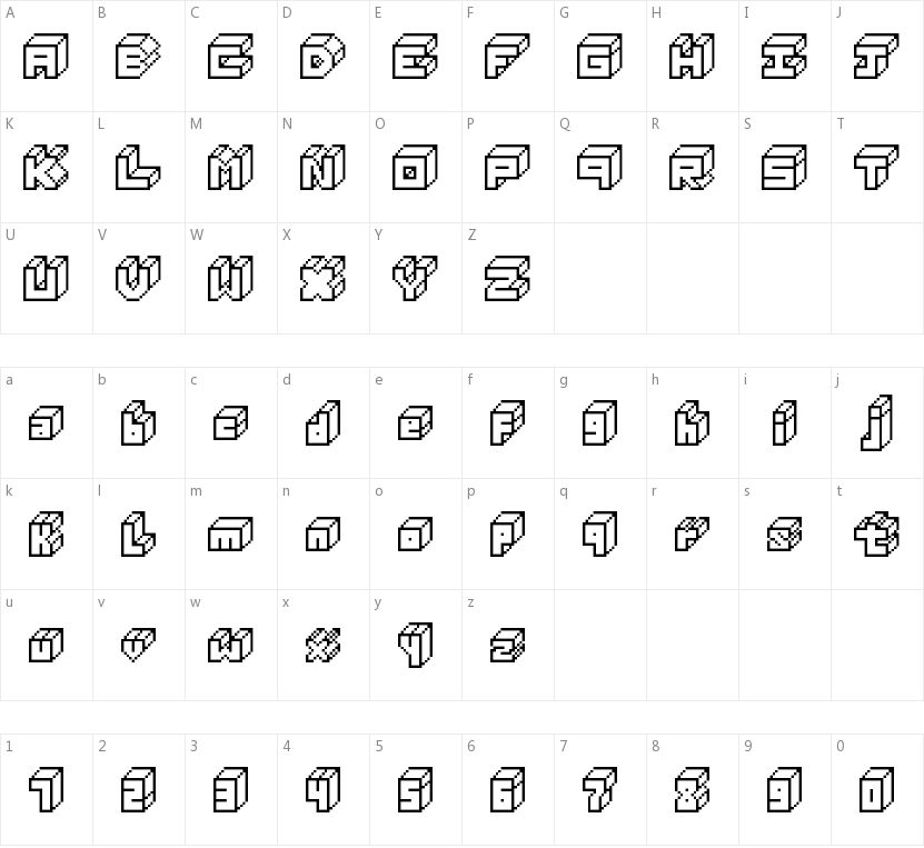 3D Thirteen Pixel Fonts的字符映射图