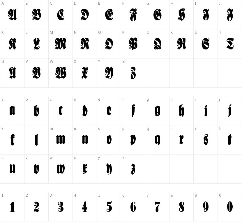 Schmale Anzeigenschrift的字符映射图