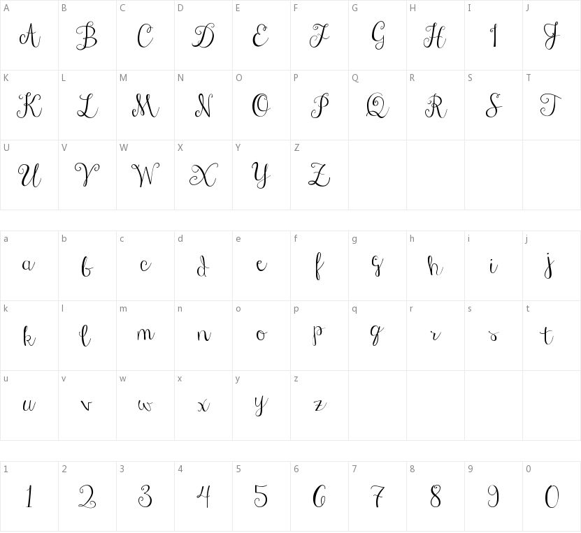 Janda Stylish Script的字符映射图