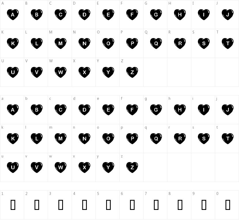 JLR Simple Hearts的字符映射图