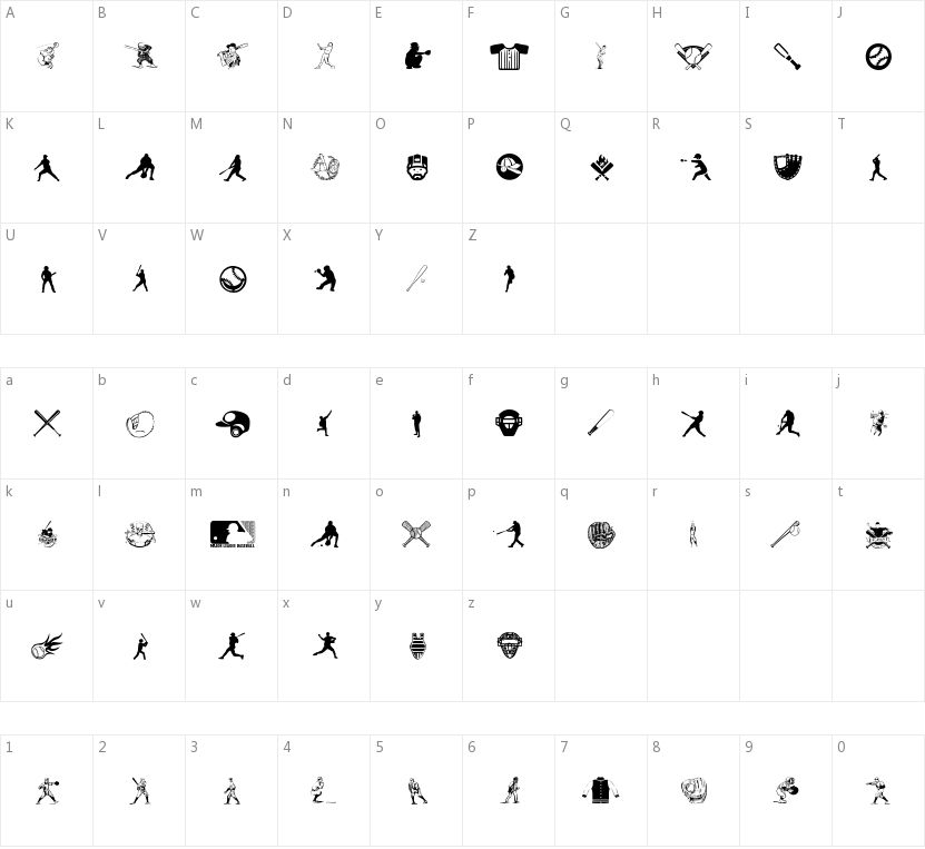 Baseball Icons的字符映射图