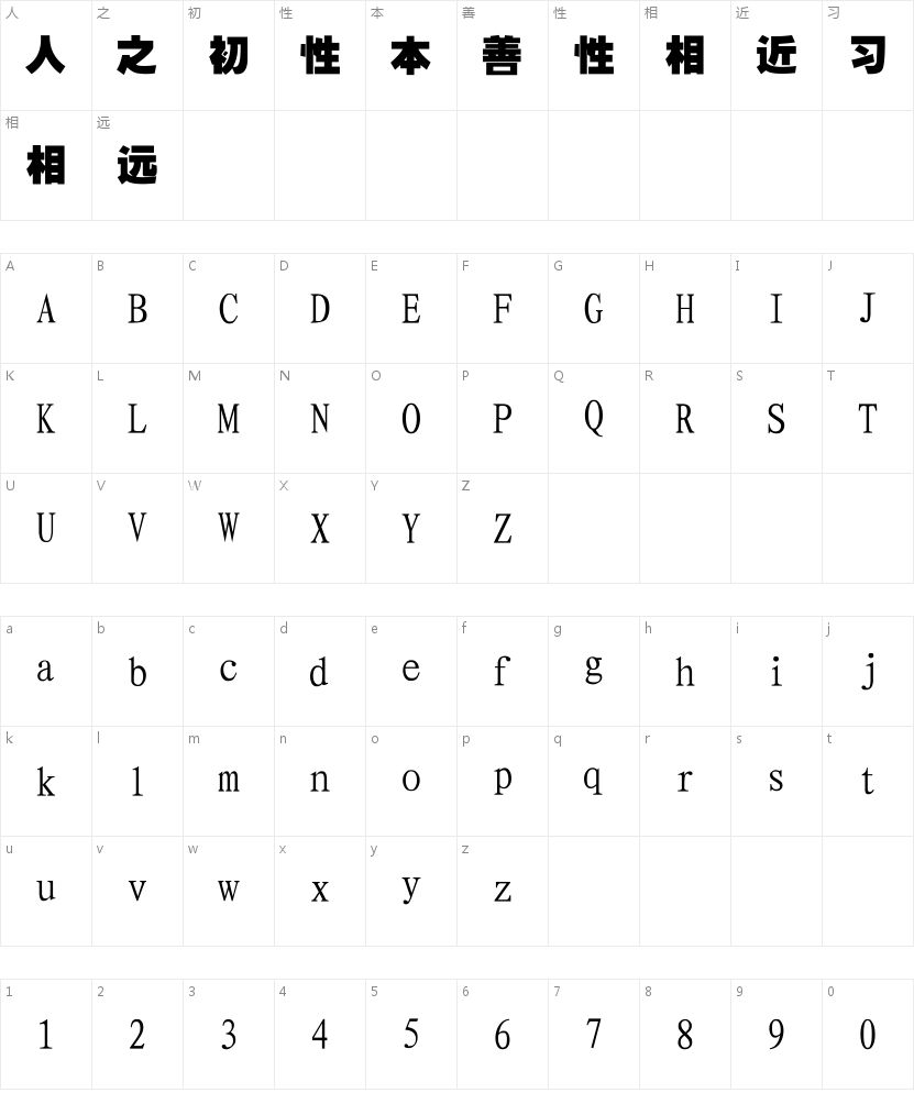 四通利方特粗黑体的字符映射图