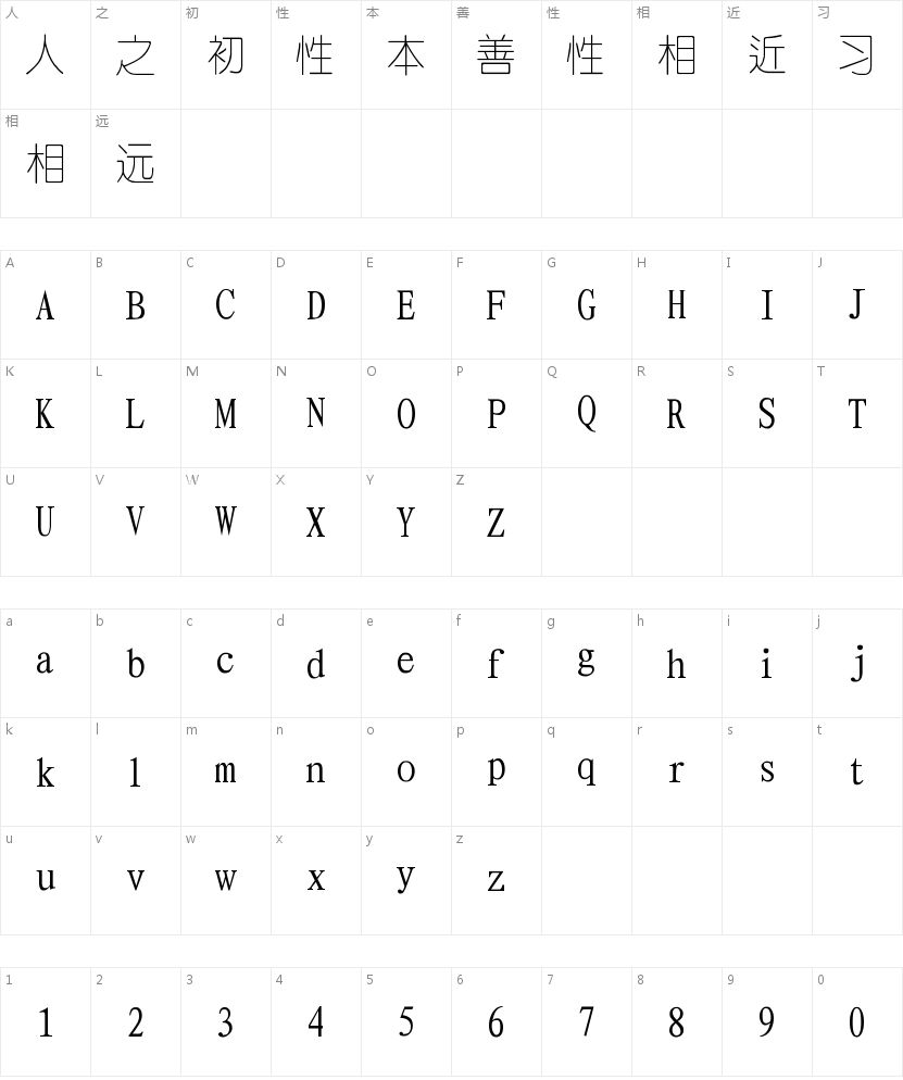 四通利方细圆体字符映射图