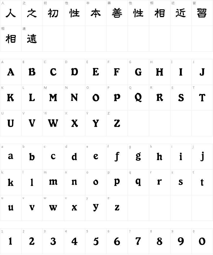 中国龙毛隶书的字符映射图