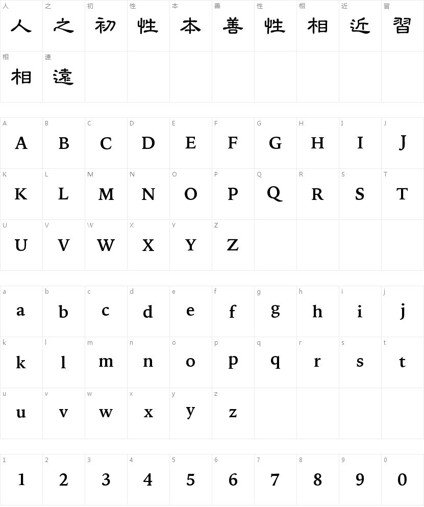 中国龙中隶书的字符映射图