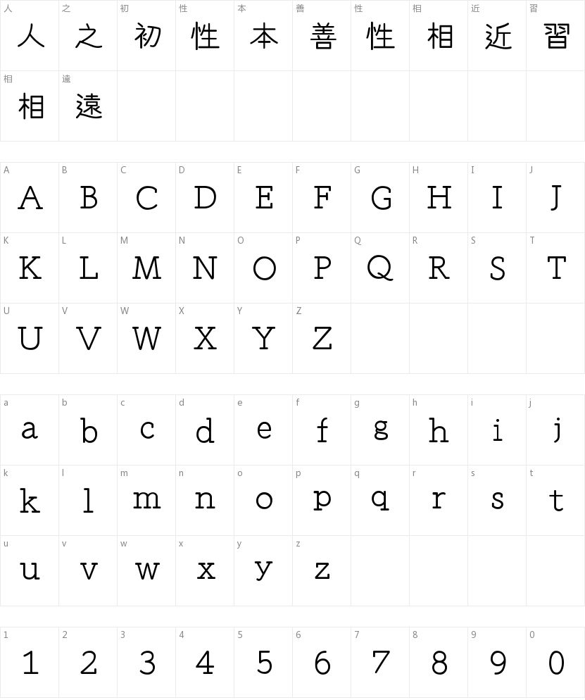 蒙纳繁和古圆体字符映射图