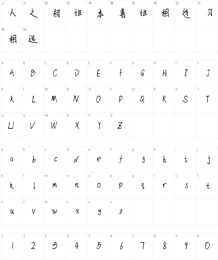 潘婉琼字体的字符映射图
