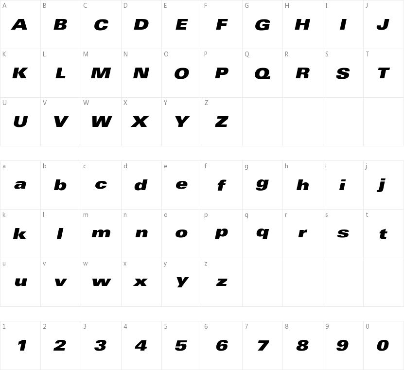 Univers ExtraBlackExt Italic的字符映射图