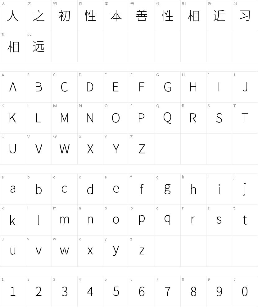 思源黑体 Light字符映射图