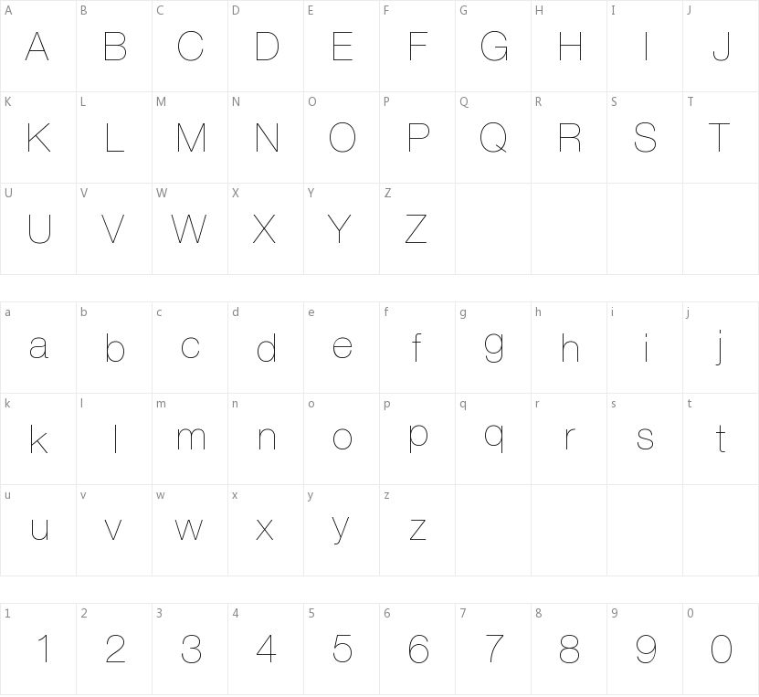 Helvetica Neue UltraLight的字符映射图