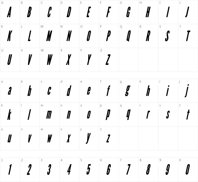 League Gothic Condensed Italic的字符映射图