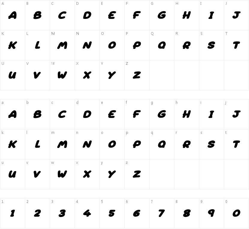 Superfats Italic的字符映射图