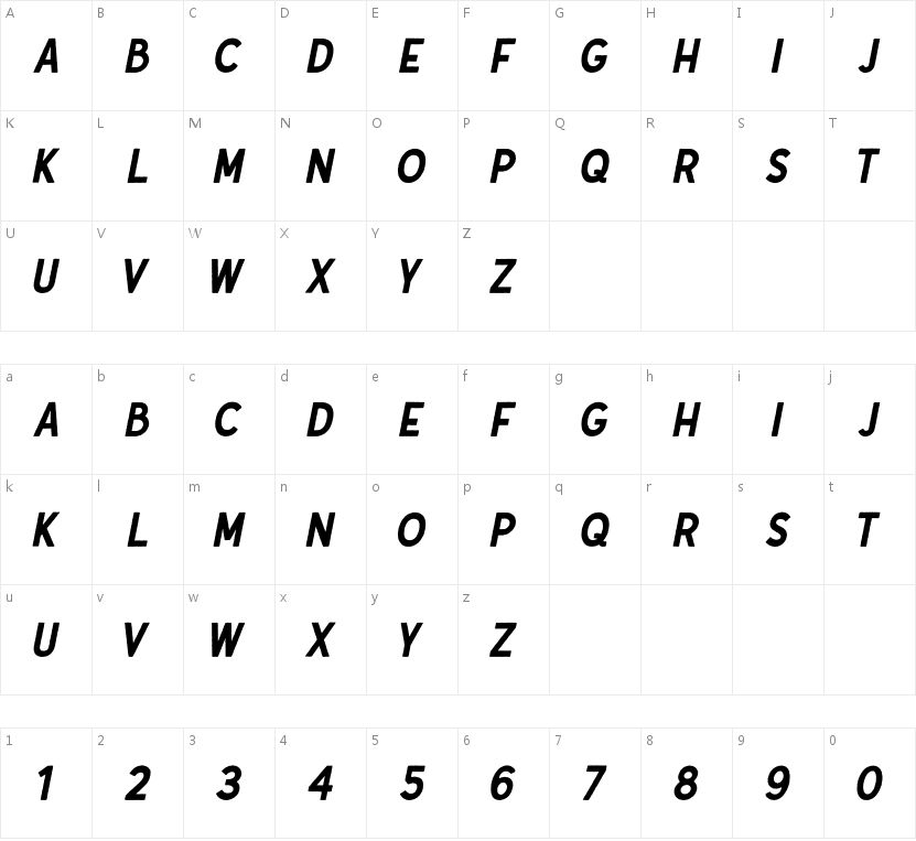 Gutenberg Clean Italic的字符映射图