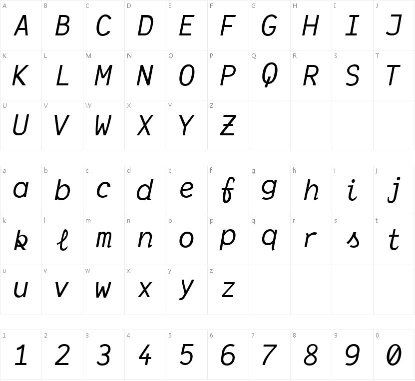 Dank Mono Italic的字符映射图