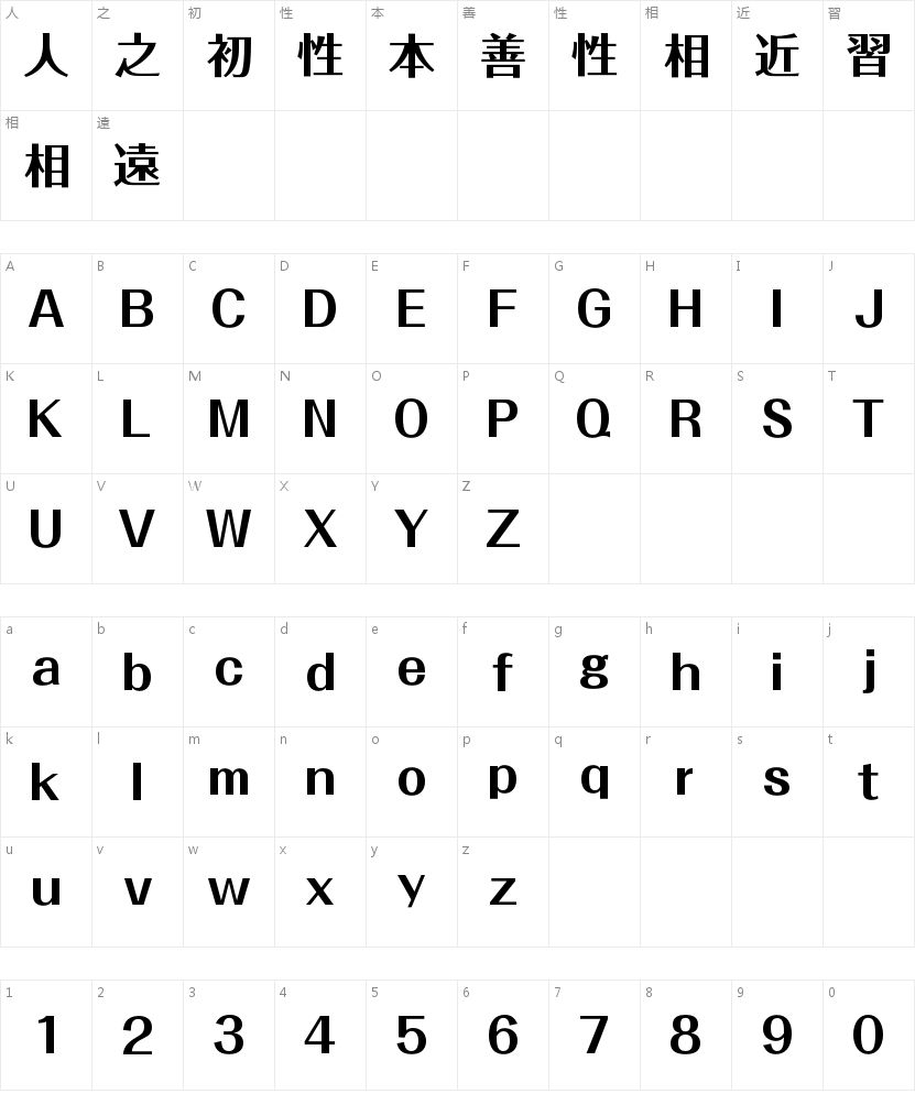 A-OTF フォーク Pro B的字符映射图