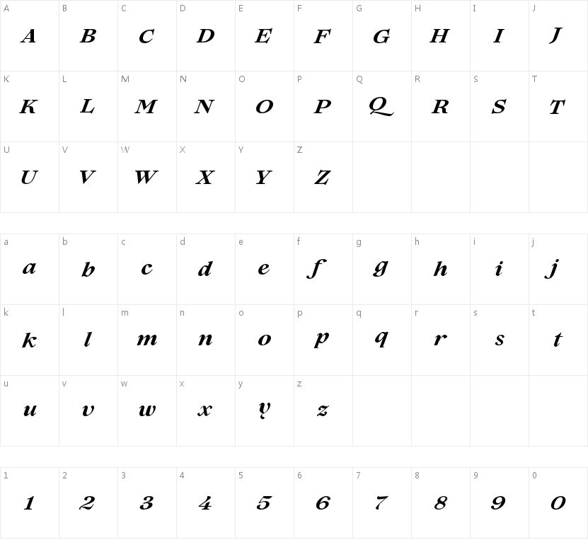 Lovelace Text Bold Italic的字符映射图