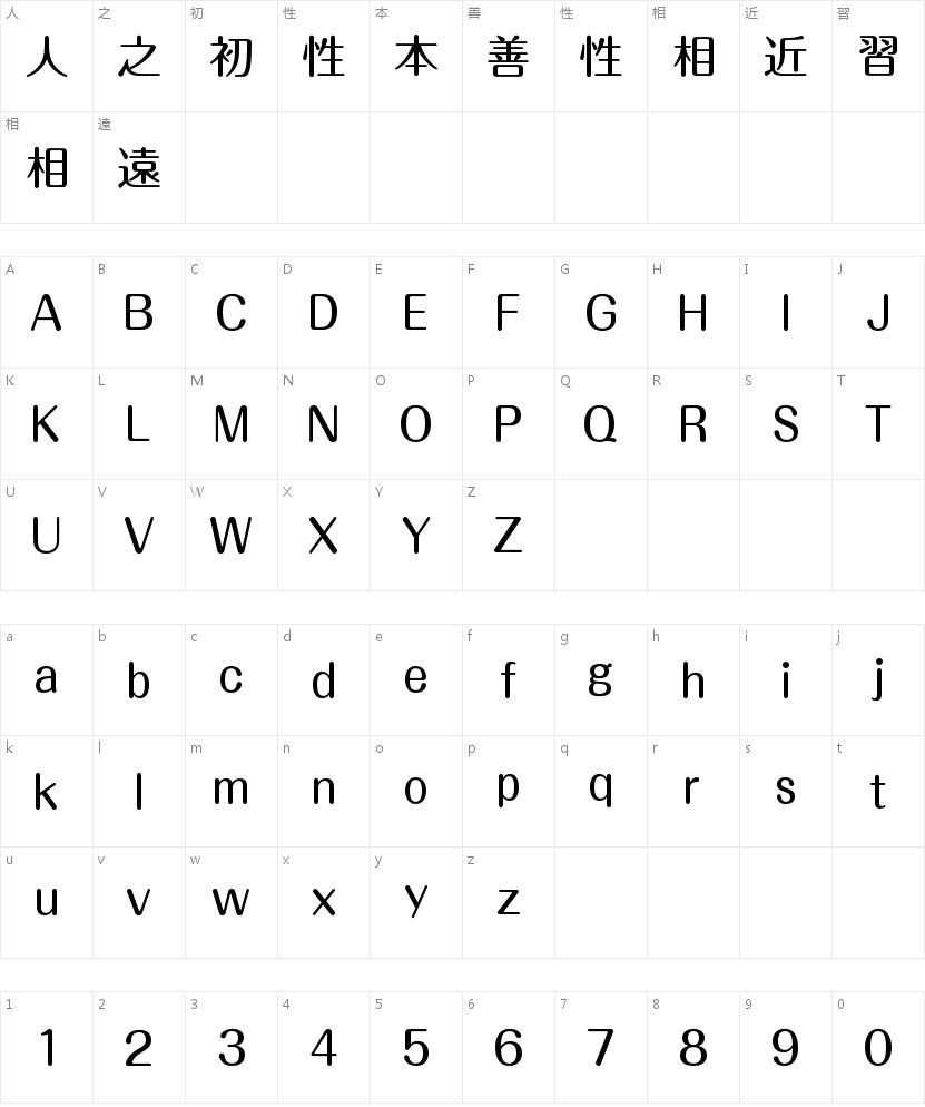A-OTF 丸フォーク Pro M的字符映射图