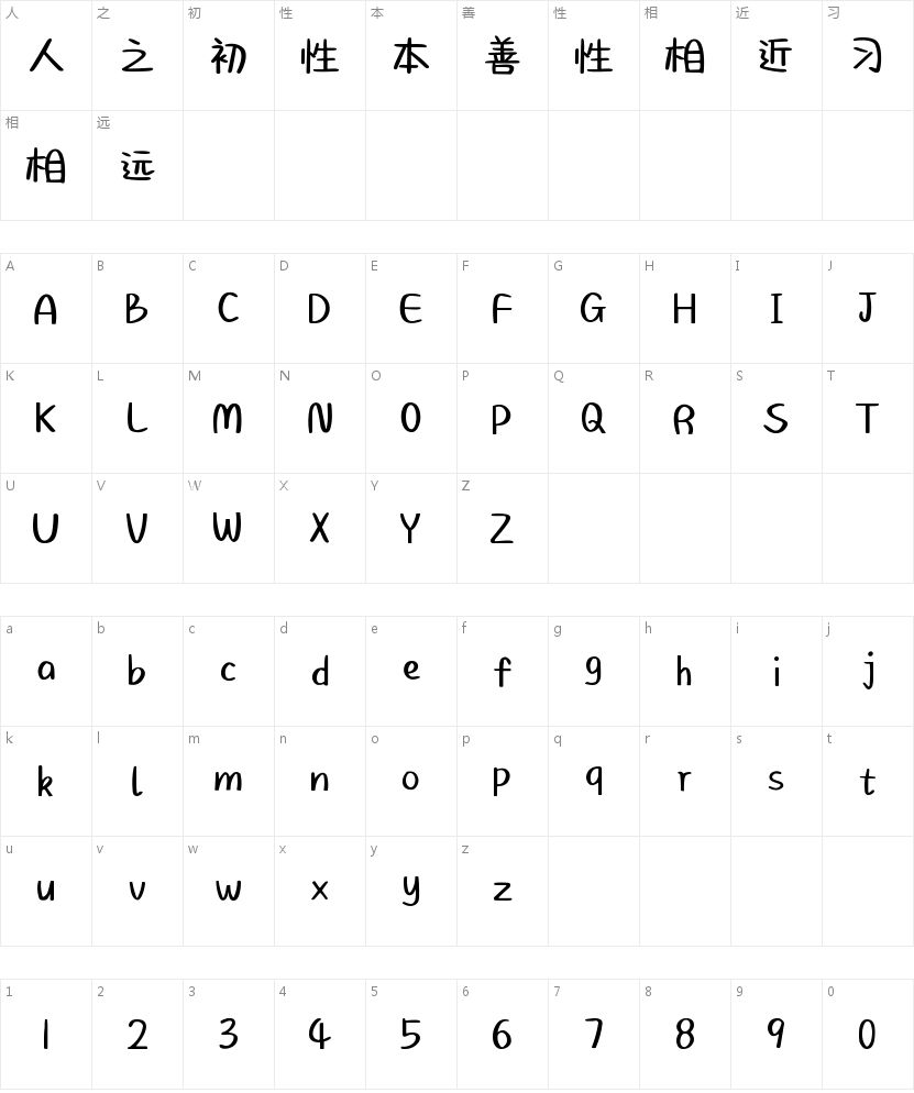 兵克稚趣体的字符映射图