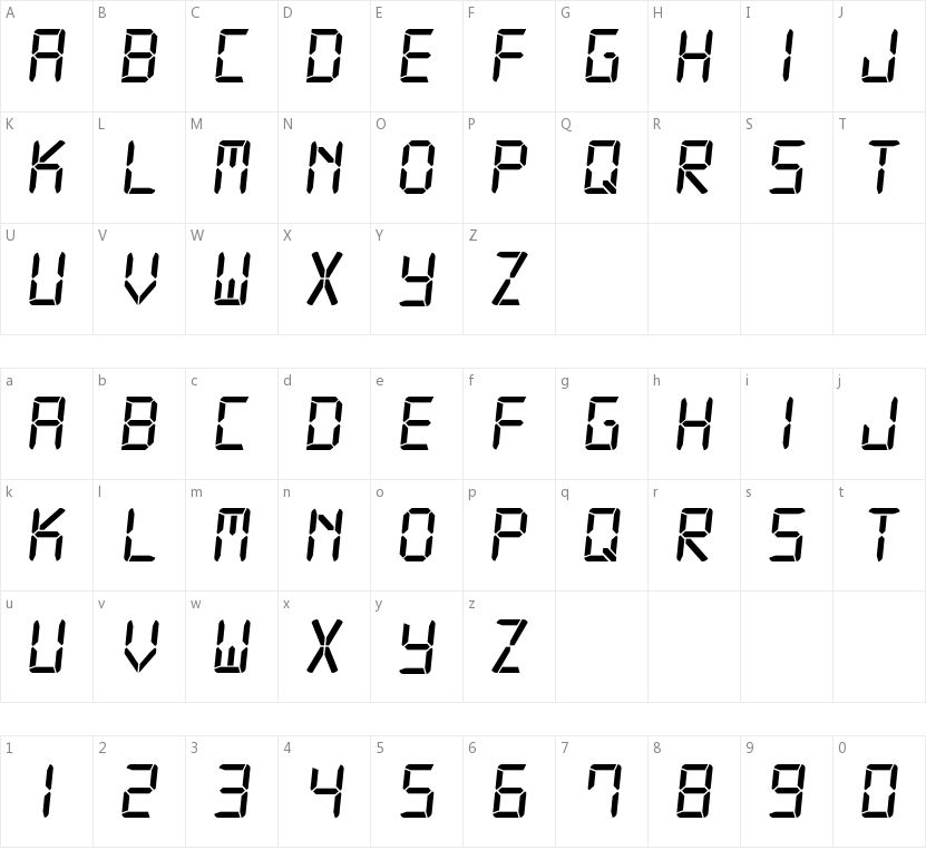 Digital 7的字符映射图