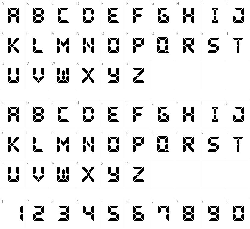 Pixel LCD7的字符映射图