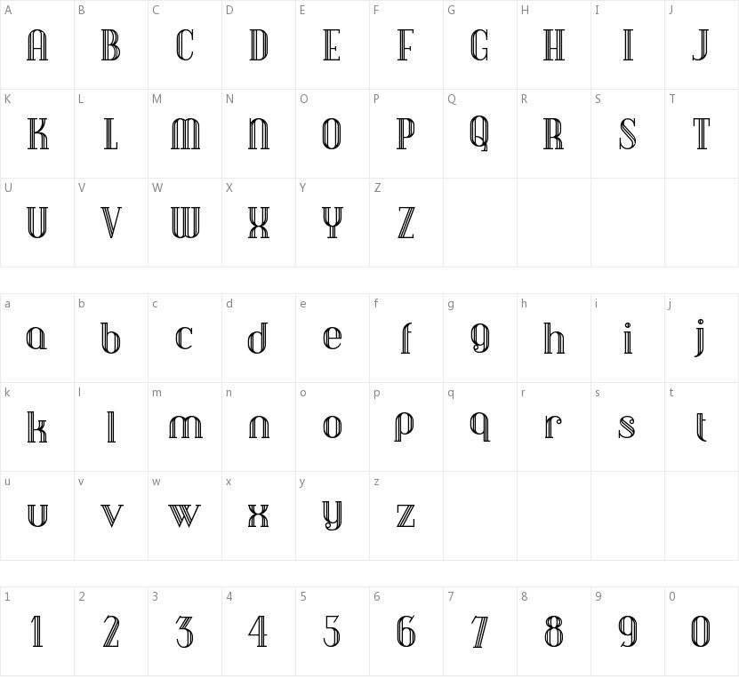 Debonair Inline的字符映射图