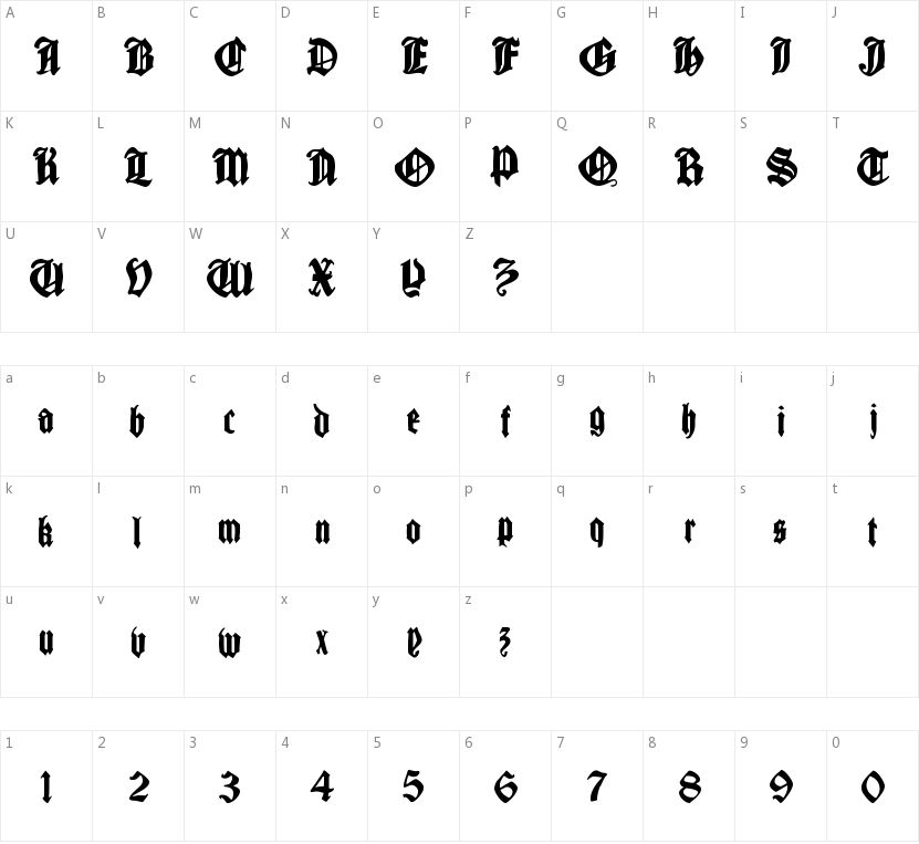 Cantara Gotica的字符映射图