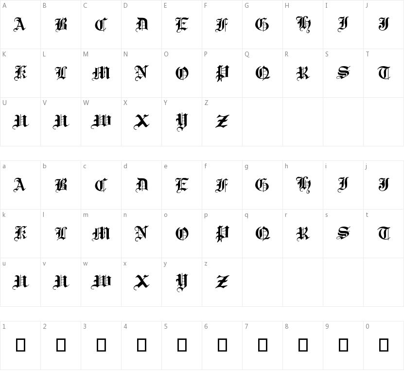 Traditional Gothic, 17th c.的字符映射图