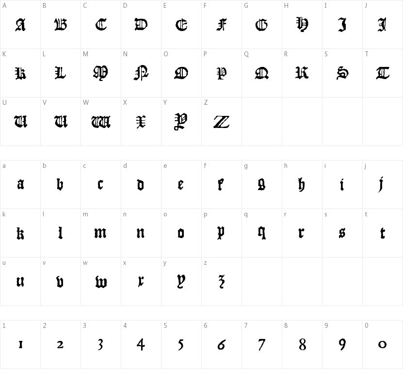 JSL Blackletter的字符映射图