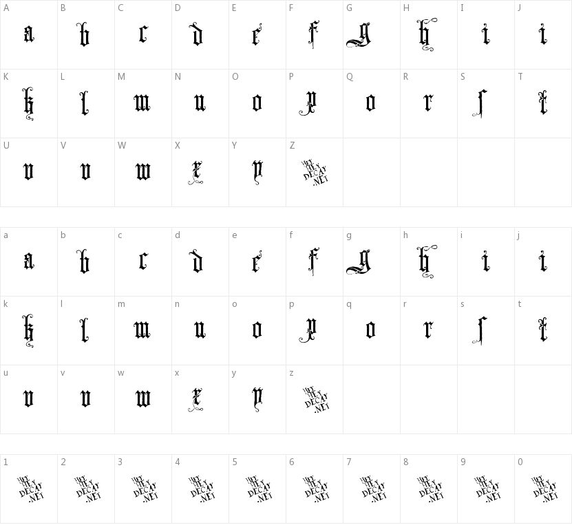 Skjend Hans Gotisk的字符映射图