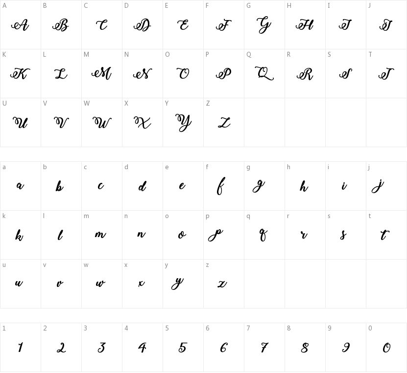 Bold & Stylish Calligraphy的字符映射图