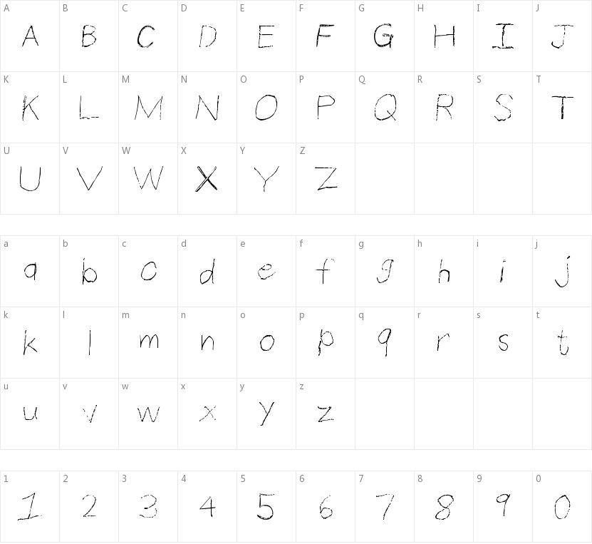 Thin Pencil Handwriting的字符映射图