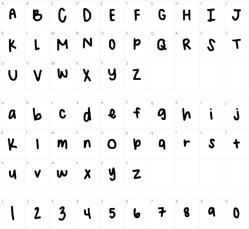 Angelina Handwriting的字符映射图