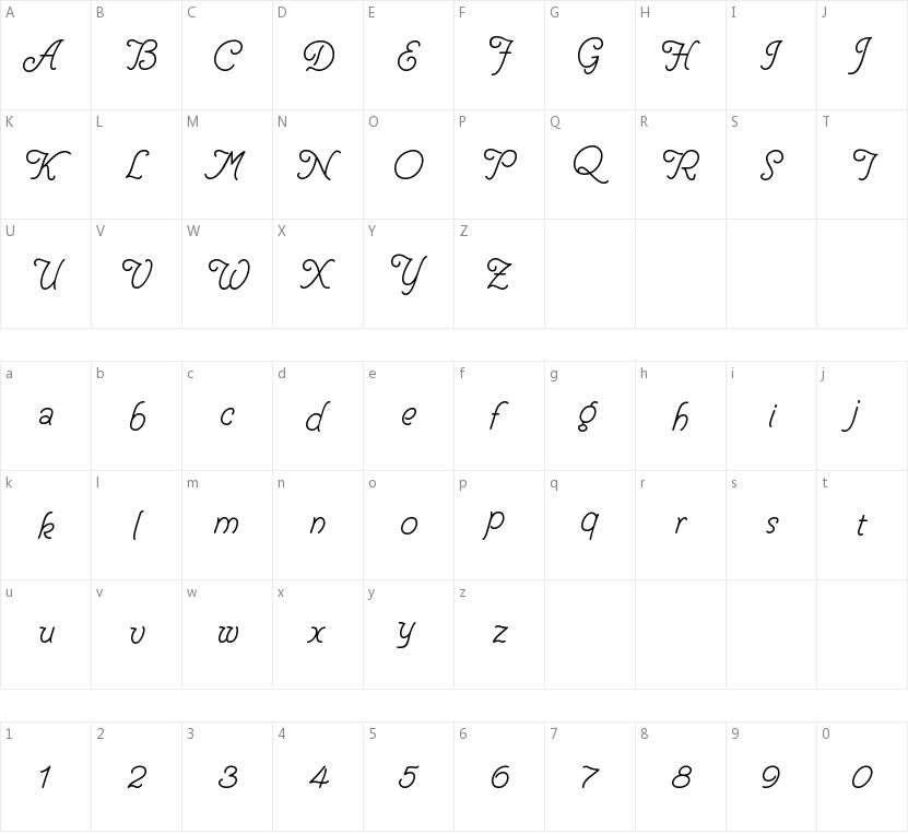 Helve Cursive的字符映射图