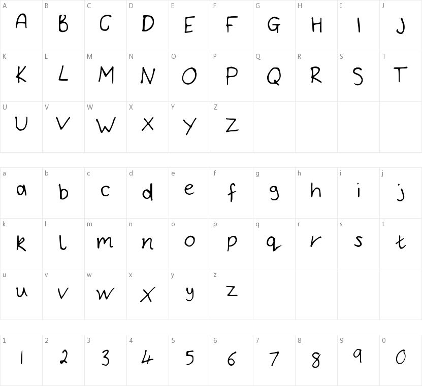 Bryonys Handwriting Thin的字符映射图