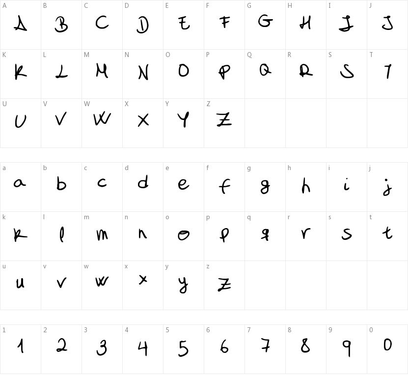 My font is a handwriting的字符映射图