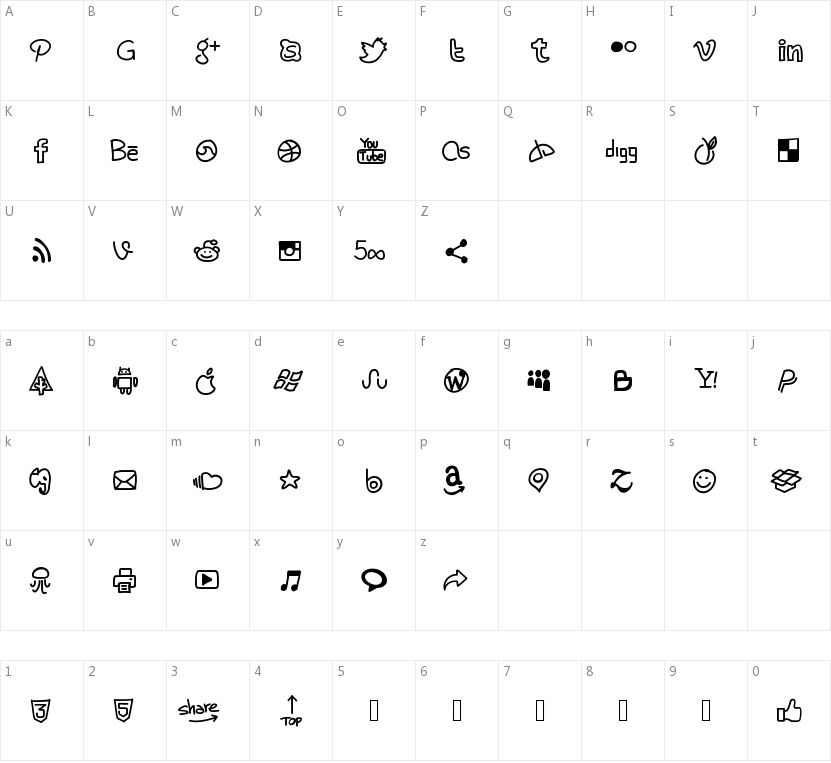 PW Handy Social Icons的字符映射图