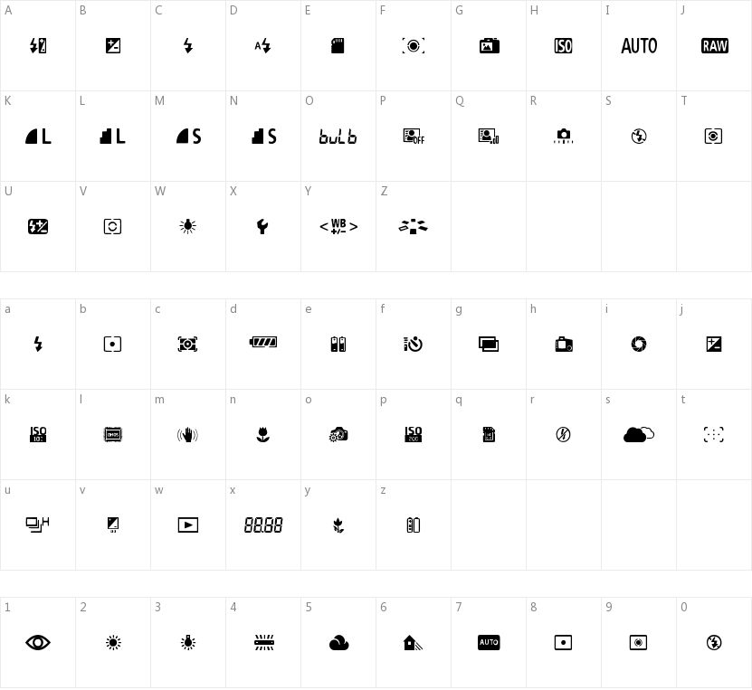 Digital Camera Symbols的字符映射图