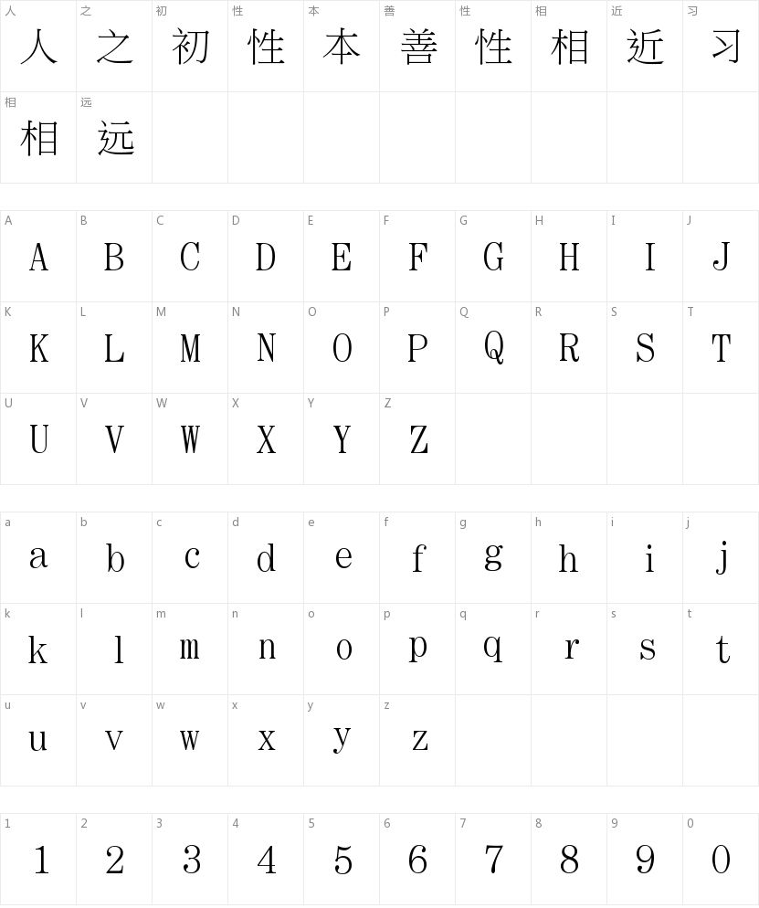 华康香港标准宋体的字符映射图