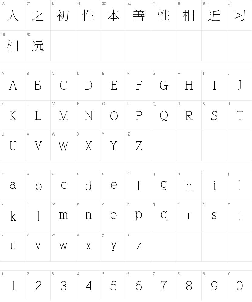 方正新报宋简体的字符映射图