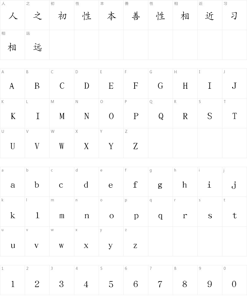 迷你简中楷的字符映射图