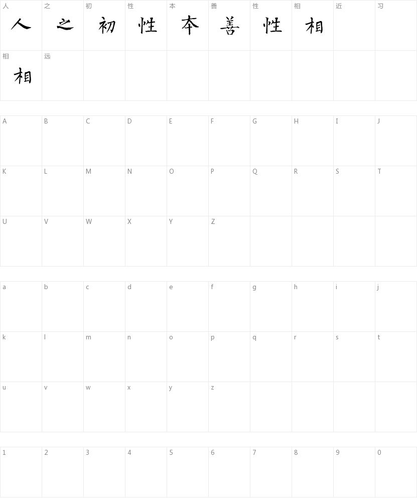 迷你繁柳楷的字符映射图