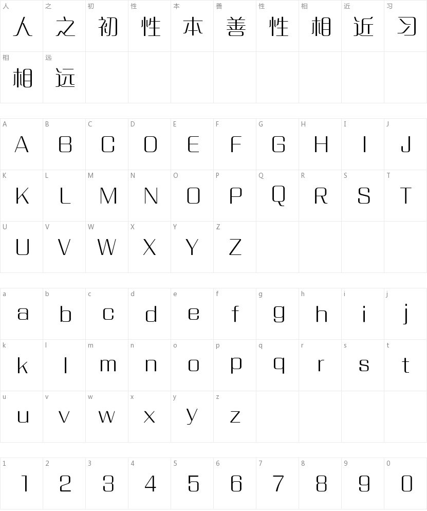 方正清纯体简体 ExtraLight的字符映射图