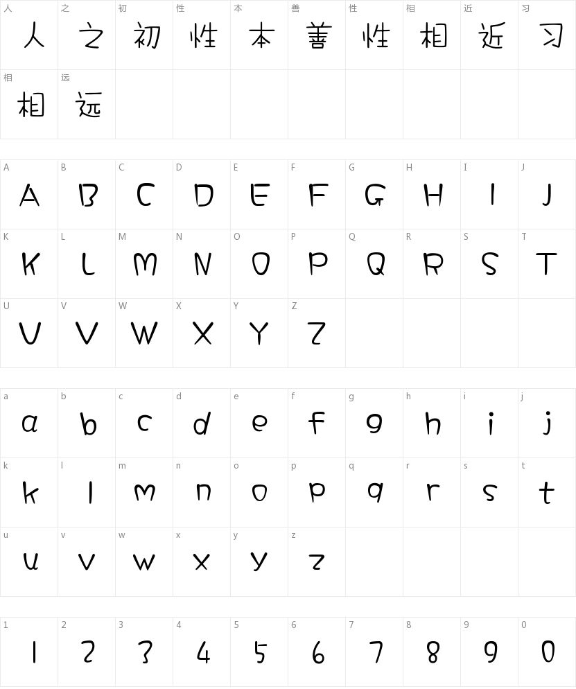 汉仪槑萌体简的字符映射图