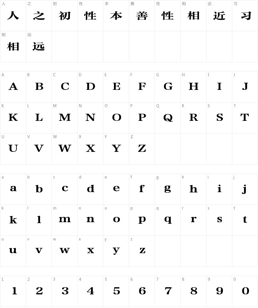 方正粗雅宋扁GBK的字符映射图
