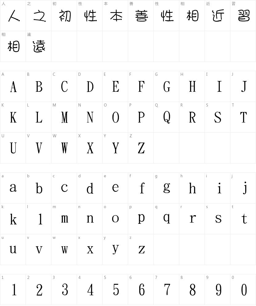 金梅公主豆豆字体的字符映射图