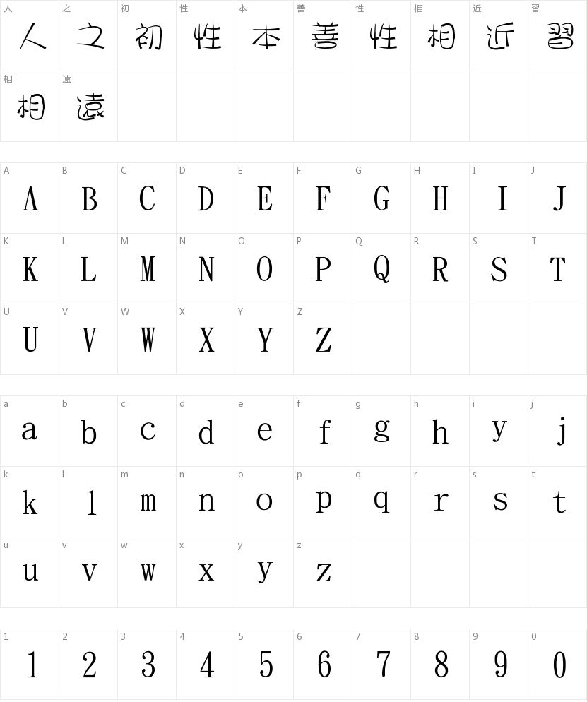 金梅牛角美工字体的字符映射图