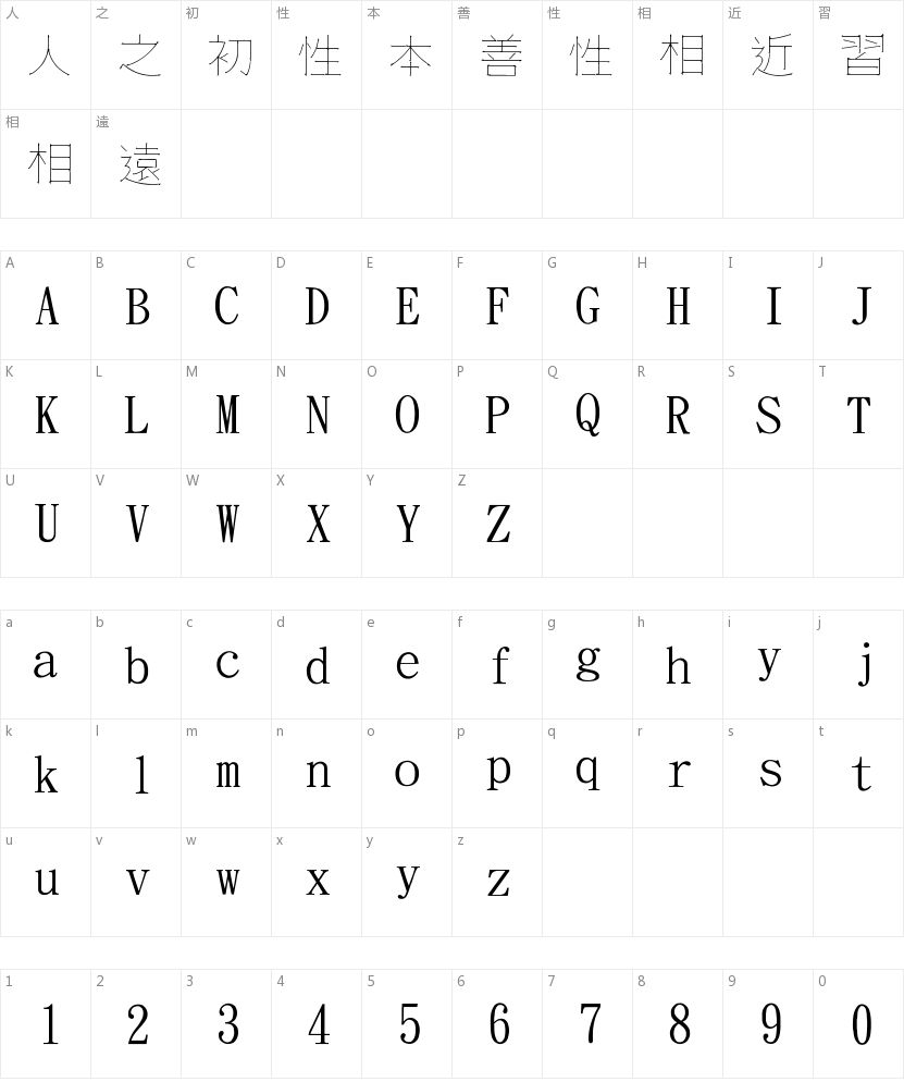 金梅勾明字体范例的字符映射图