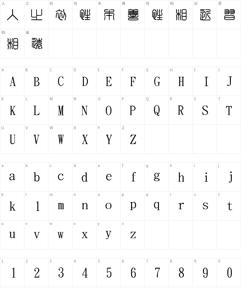 金梅印篆字国际码的字符映射图