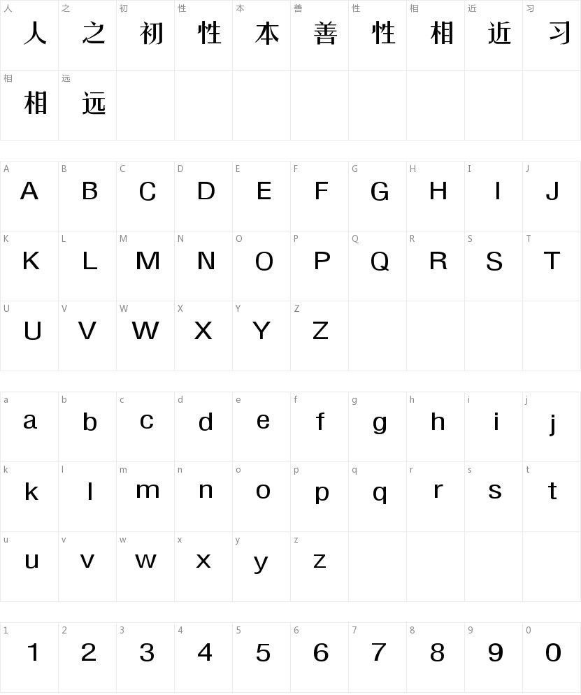 汉仪秀体简的字符映射图