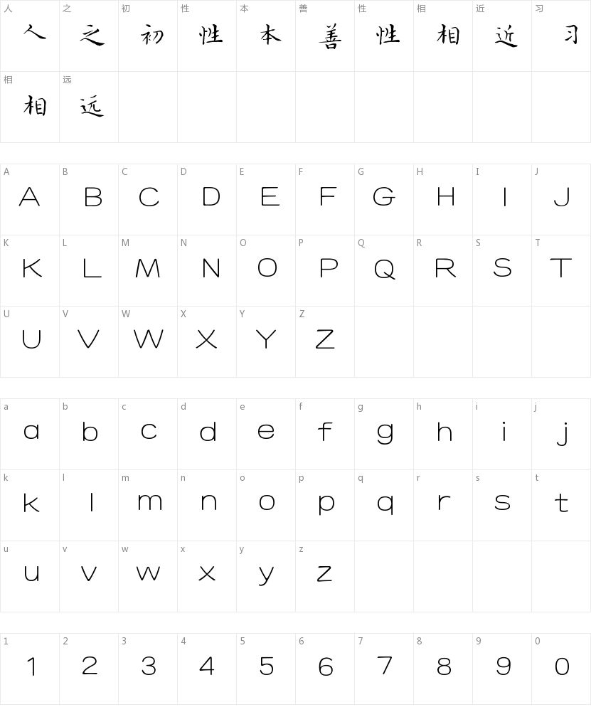 方正字迹-启笛小楷简体的字符映射图